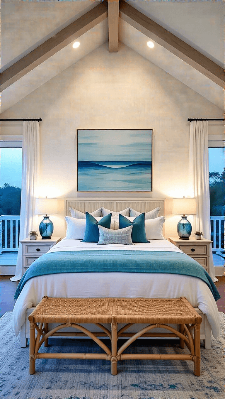Master bedroom at dusk featuring a king bed, vaulted ceiling, French doors, bamboo nightstands, Mercury glass lamps, abstract seascape artwork, water hyacinth bench, sheer curtains, and oak flooring with overlaid rug, shot in cozy lighting for an intimate feel.