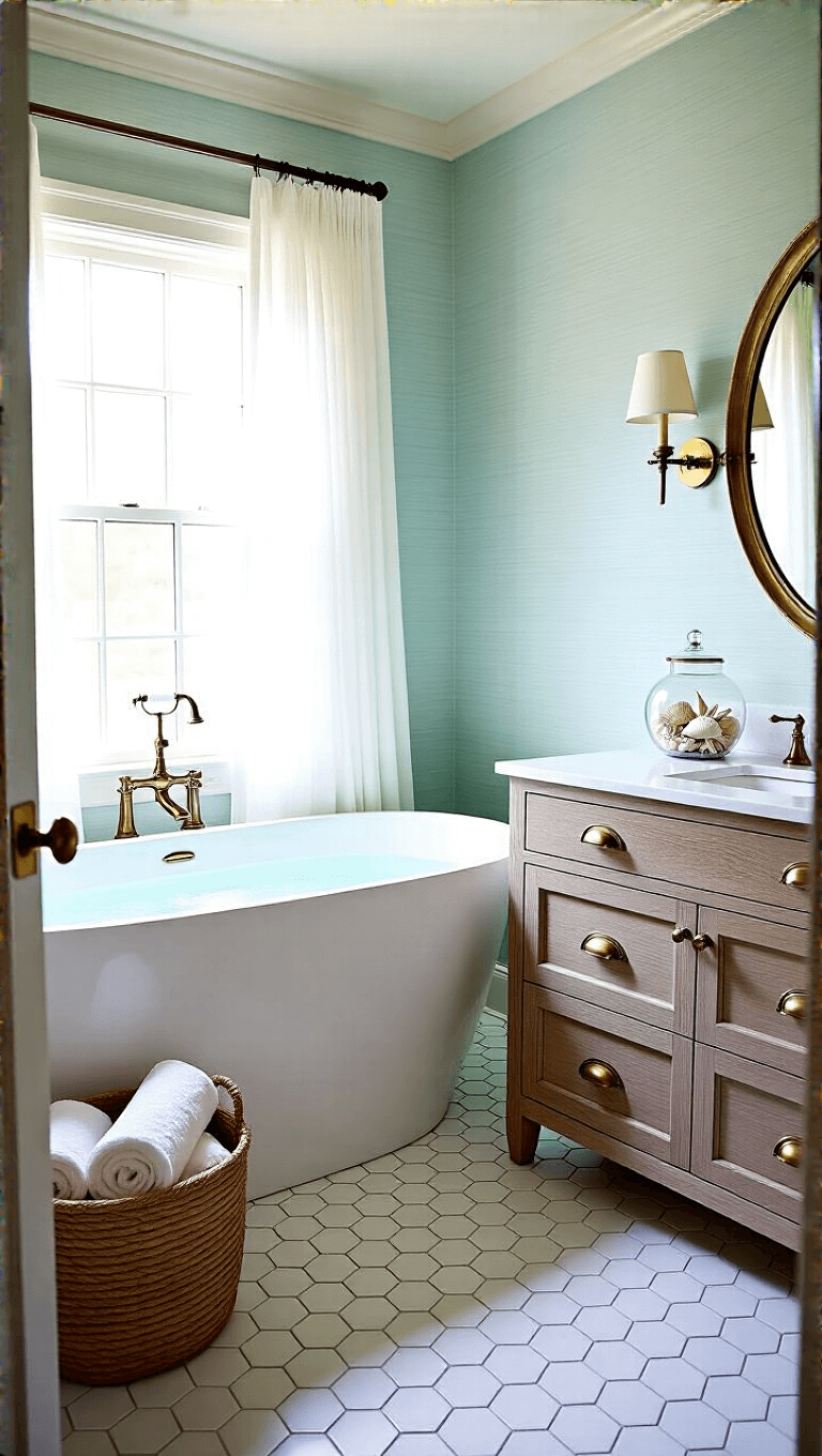 Luxurious coastal bathroom with oval tub, pale aqua grasscloth walls, white marble floor, weathered oak vanity, brass mirror with glass sconces, and decorative seashell vessel in natural and artificial light