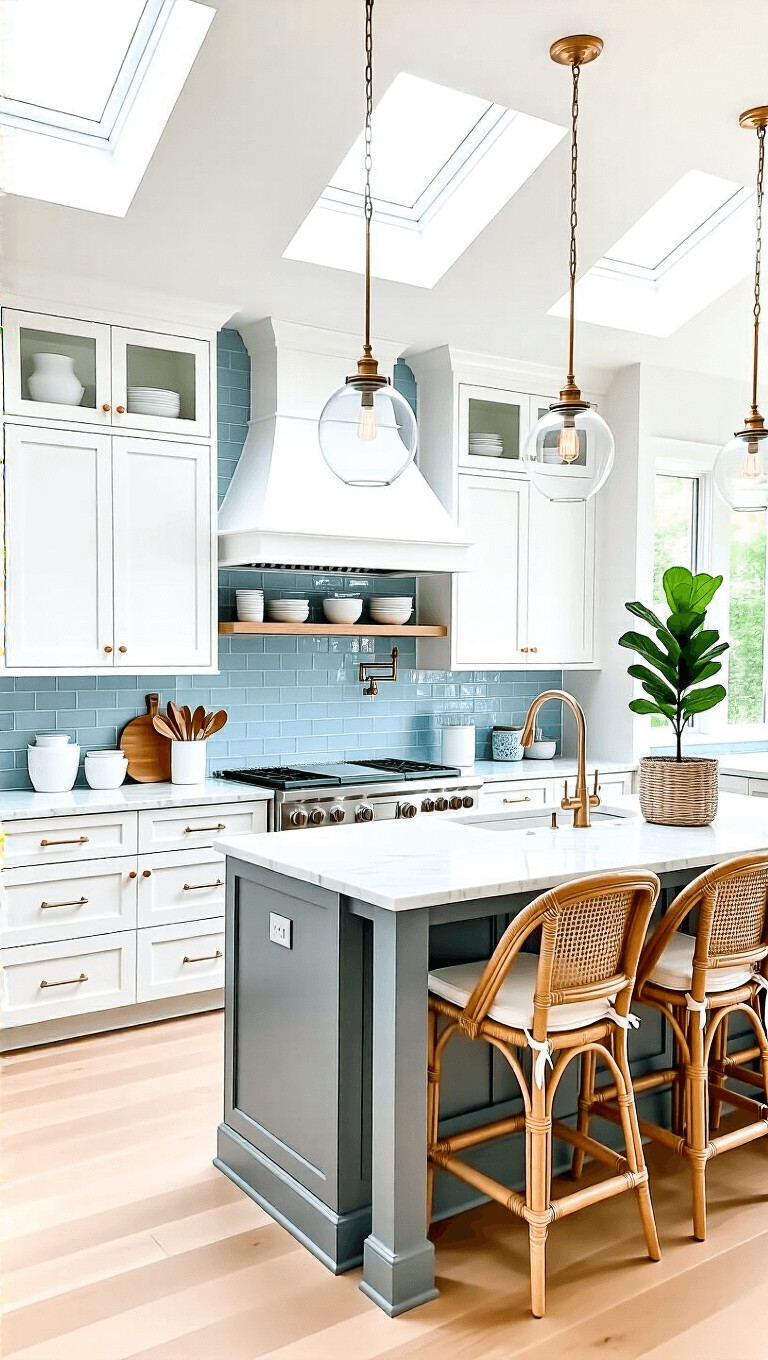 Airy coastal kitchen with white cabinets, blue backsplash, brass fixtures, and gray island topped with marble under glass pendants, displaying a collection of white and blue kitchenware on open shelving, with a fiddle leaf fig in the corner, illuminated by bright morning light through skylights.