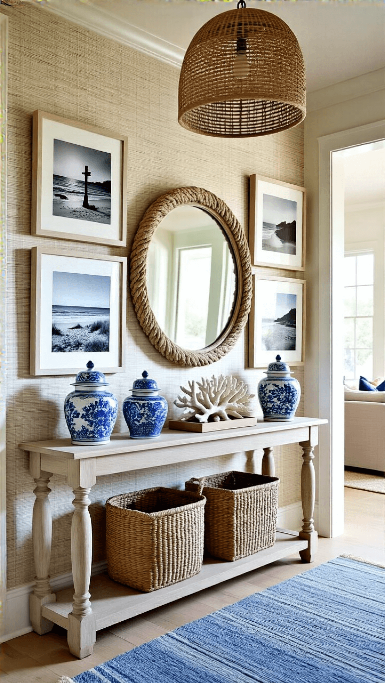 Coastal-themed entry foyer featuring black and white beach photography, bleached oak console table, blue and white ginger jars, and coral specimens under natural morning light.