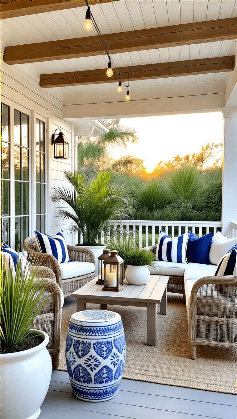 Covered outdoor living space with exposed beam ceiling, white-painted wood details, slipcovered sofa, woven egg chairs, teak coffee table, garden stools, and potted plants, styled for golden hour lighting.