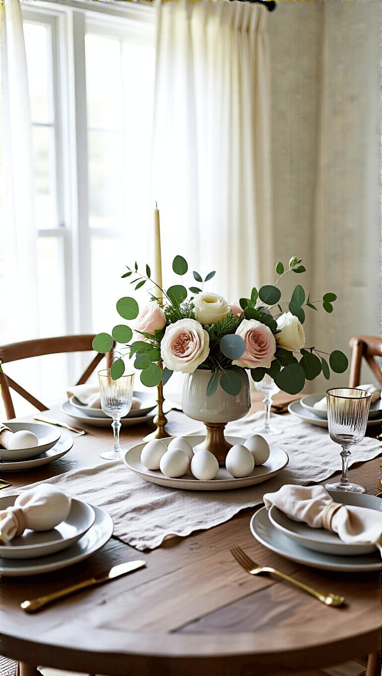 Morning-lit rustic dining setup featuring a round farmhouse table with natural linen runner, white ceramic eggs centerpiece with fresh eucalyptus and pale pink roses, dove grey matte stoneware place settings with gold-rimmed glasses, and vintage brass candlesticks.
