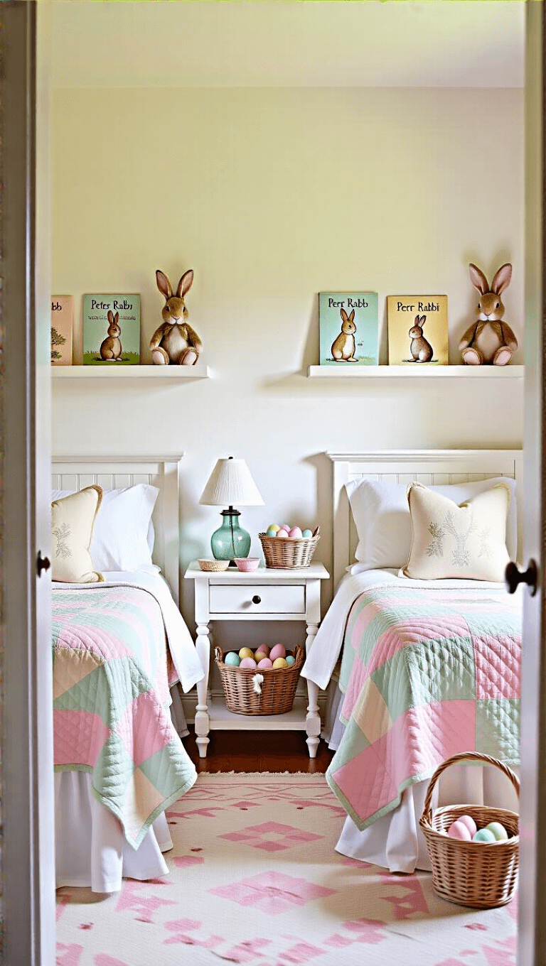 Easter morning in children's bedroom with twin beds, vintage quilts, milk glass lamps on bedside tables with small baskets, shelves with Peter Rabbit books and stuffed bunnies, in soft early morning light.