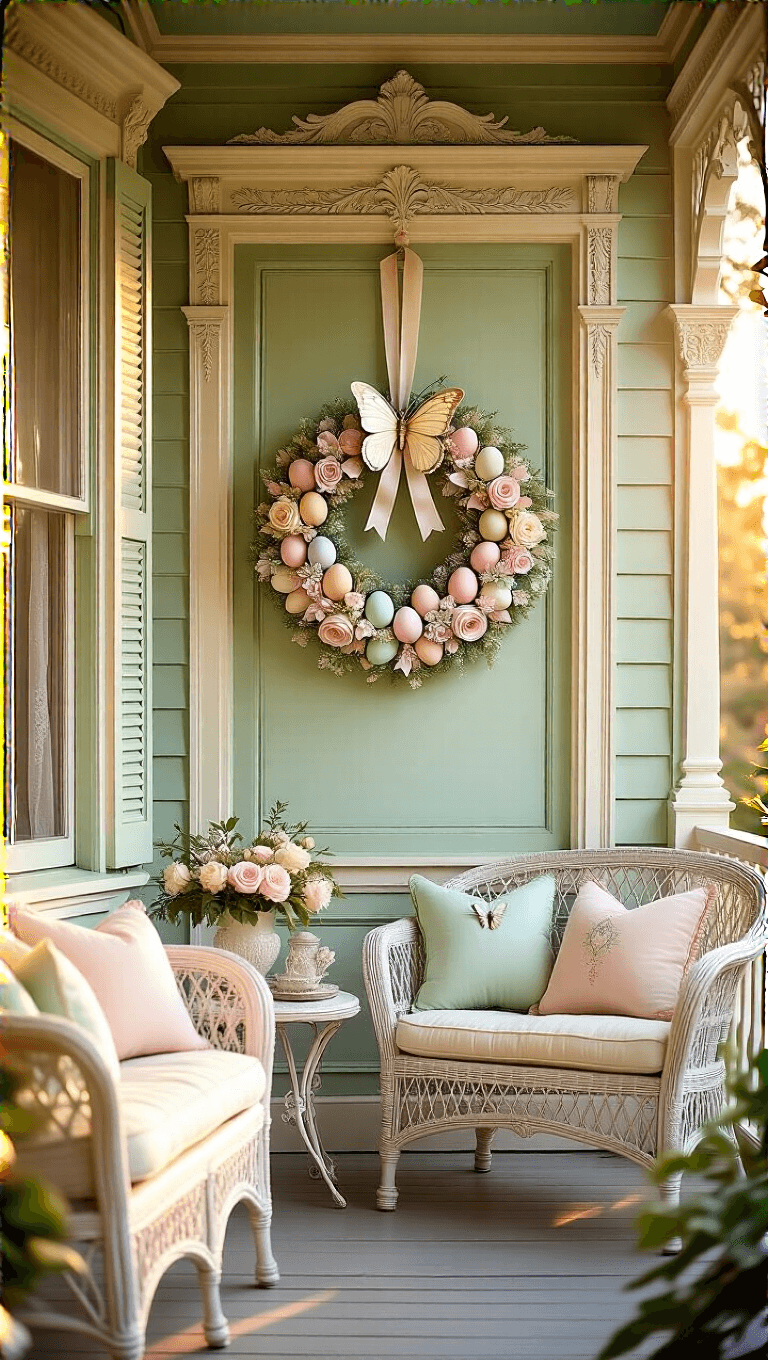 Victorian painted lady porch during morning golden hour, adorned with whimsical pastel egg cascade wreath, vintage roses and crystal butterfly accents, framed by antique wicker furniture with new cushions.