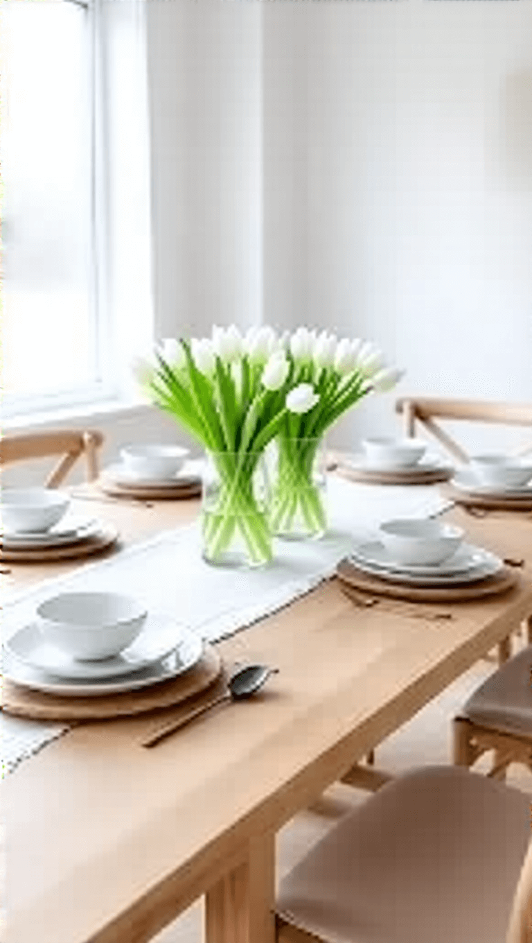 Bright and symmetrical Scandinavian dining room featuring a light wood table with white linen runner, white porcelain plates on wood chargers, marble eggs accents, and a tulips and pussy willows centerpiece, all under clean midday light.