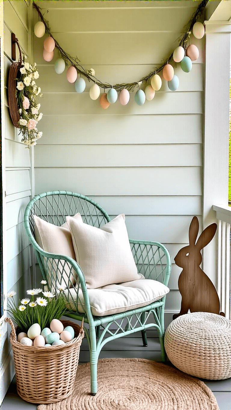 Cozy corner porch at dawn featuring a mint green metal chair with cream cushions, handwoven Easter egg garland, a basket of ceramic eggs and spring flowers, and a wooden bunny silhouette against beadboard walls.
