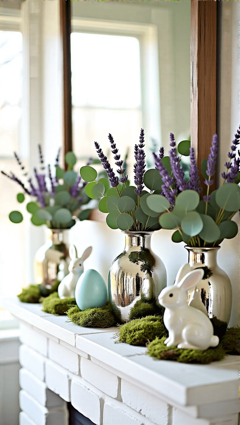 Modern farmhouse Easter mantel with white brick fireplace, mercury glass vases with eucalyptus and lavender, ceramic Easter eggs in moss, and white ceramic bunnies, under soft natural light.