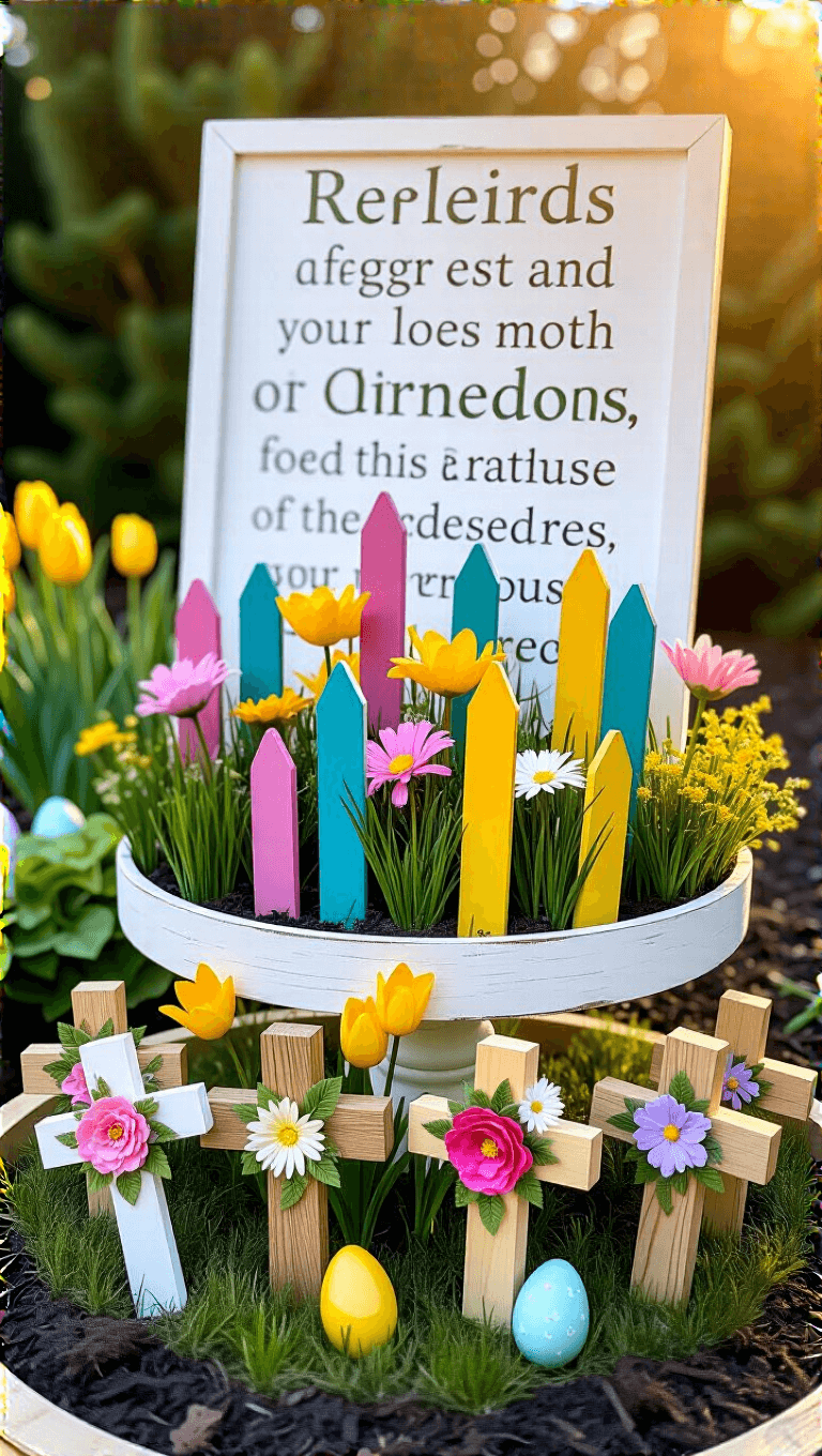 Elevated view of a three-tiered Easter garden display with religious sign backdrop, colorful garden stakes, and wooden crosses decorated with spring flowers in golden afternoon light.