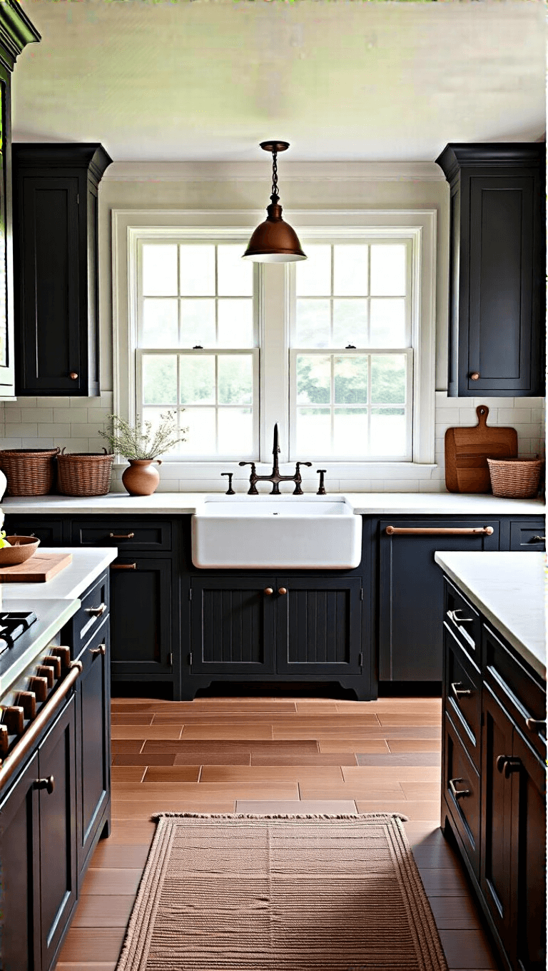 Rustic farmhouse kitchen featuring charcoal cabinets with copper handles, white quartz countertops, cream ceramic sink, woven baskets and wooden cutting boards, lit by natural light from double windows.