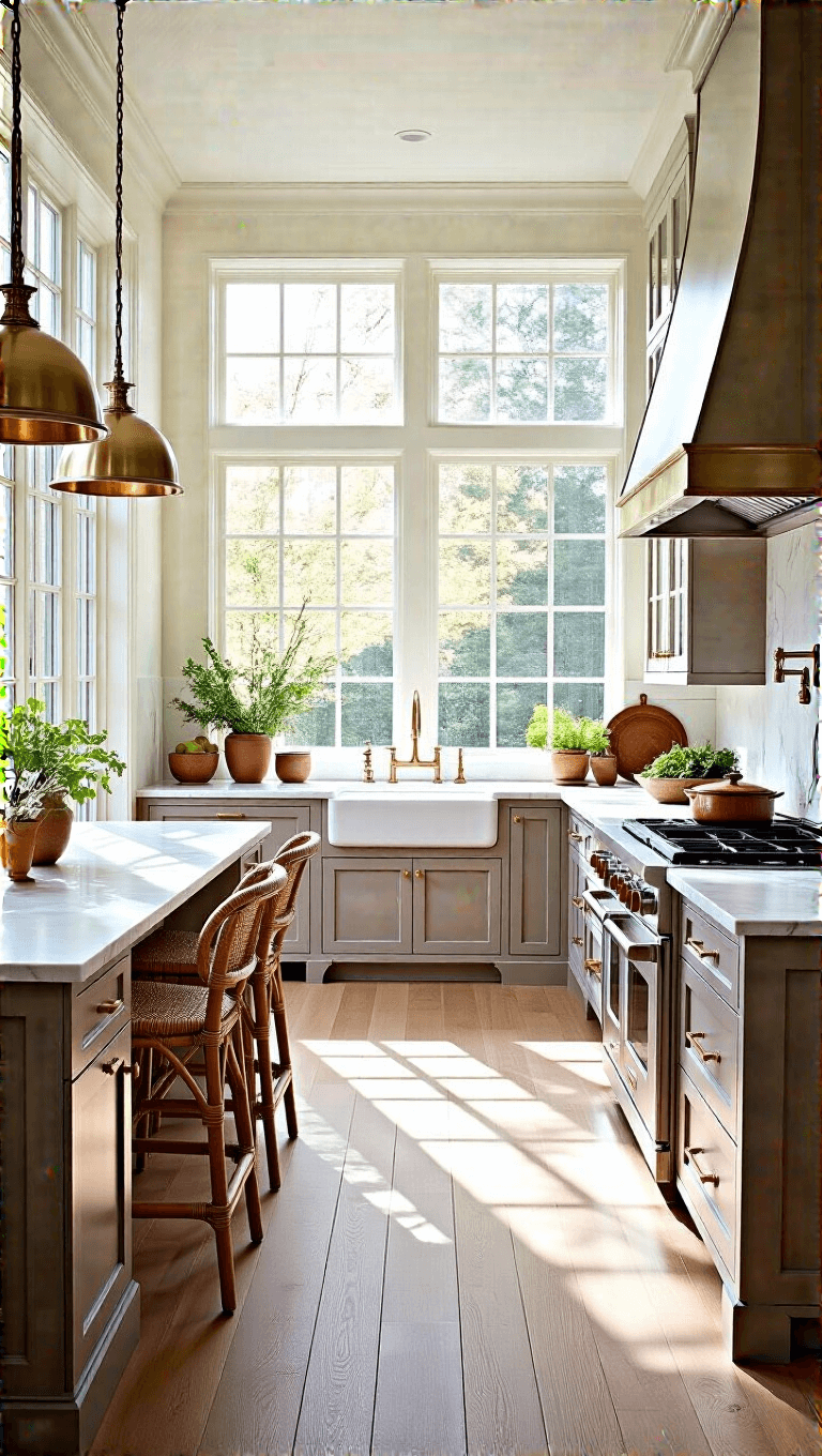 Spacious 12x15ft kitchen with taupe cabinets, white marble countertops, a large island with rattan barstools, and oak flooring, illuminated by morning light through large windows, with artisanal ceramics, copper cookware, and fresh herbs on display.