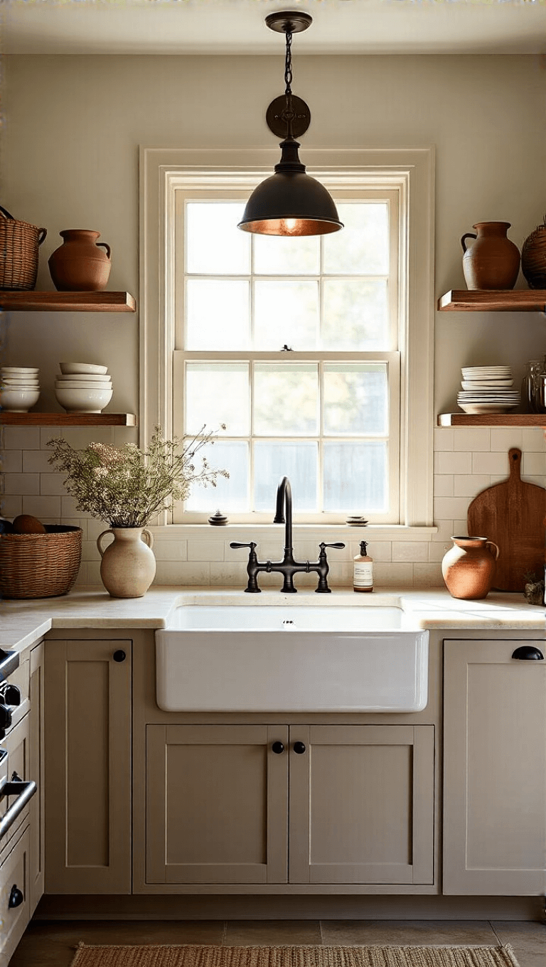 Vintage-inspired intimate kitchen with satin-finish taupe cabinets, farmhouse sink under a window, cream limestone counters, open shelving with old stoneware and cutting boards, pendant lights casting warm light and decor with baskets, dried flowers, and copper vessels.