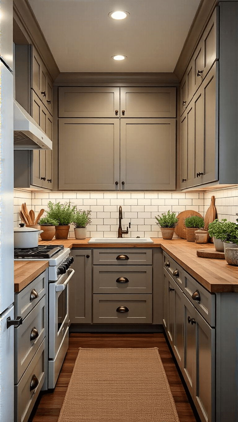 Vintage styled galley kitchen with taupe cabinets, butcher block countertops, white subway tiles backsplash, and cozy uplighting at dusk.