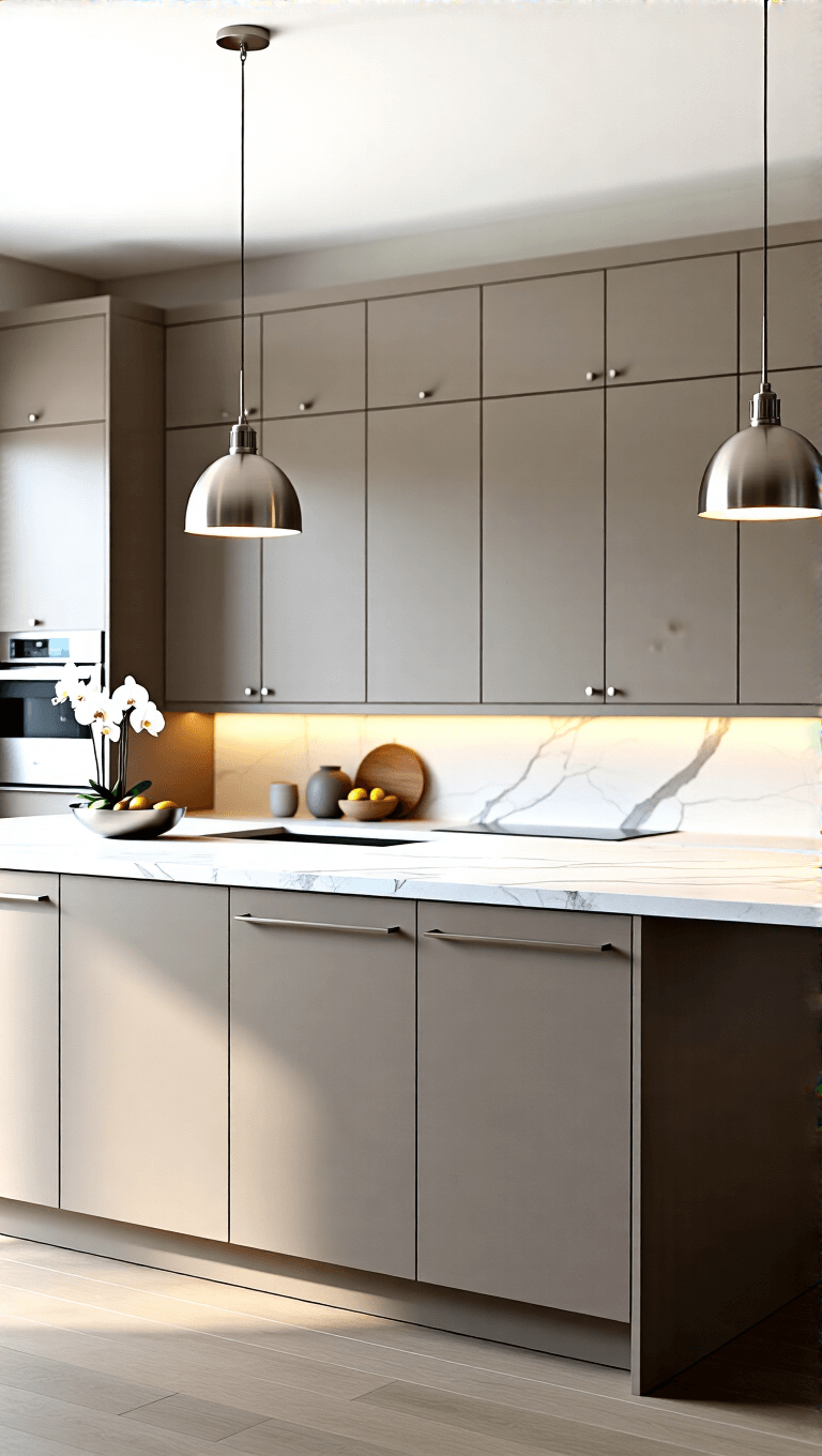 Modern taupe kitchen with quartz counters illuminated by pendant lights and morning light, featuring minimalist decor and orchids.