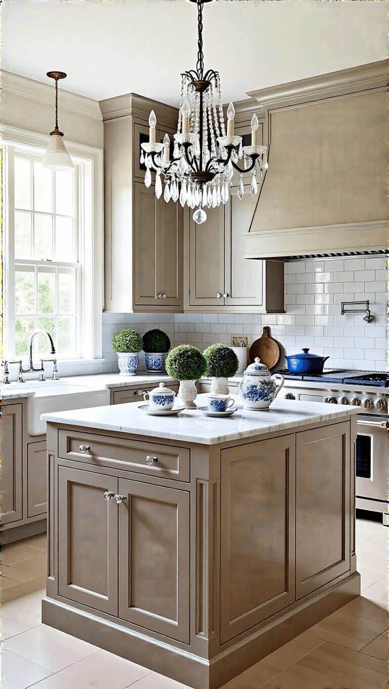 Classic elegance of a traditional 12x14ft kitchen with taupe Shaker cabinets, Carrara marble counters, subway tile backsplash, and crystal chandelier over island, styled with silver tea service, blue-and-white porcelain, and topiaries under bright natural and warm artificial light.