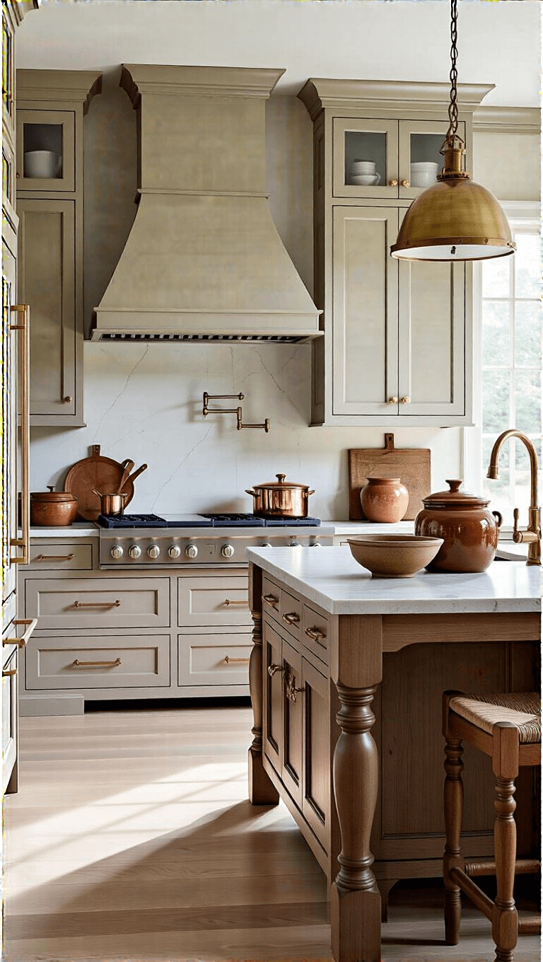 Transitional style kitchen with taupe beaded inset cabinets, brass hardware, honed granite counters, and large wooden island, decorated with copper cookery and vintage glass canisters, bathed in late afternoon light.