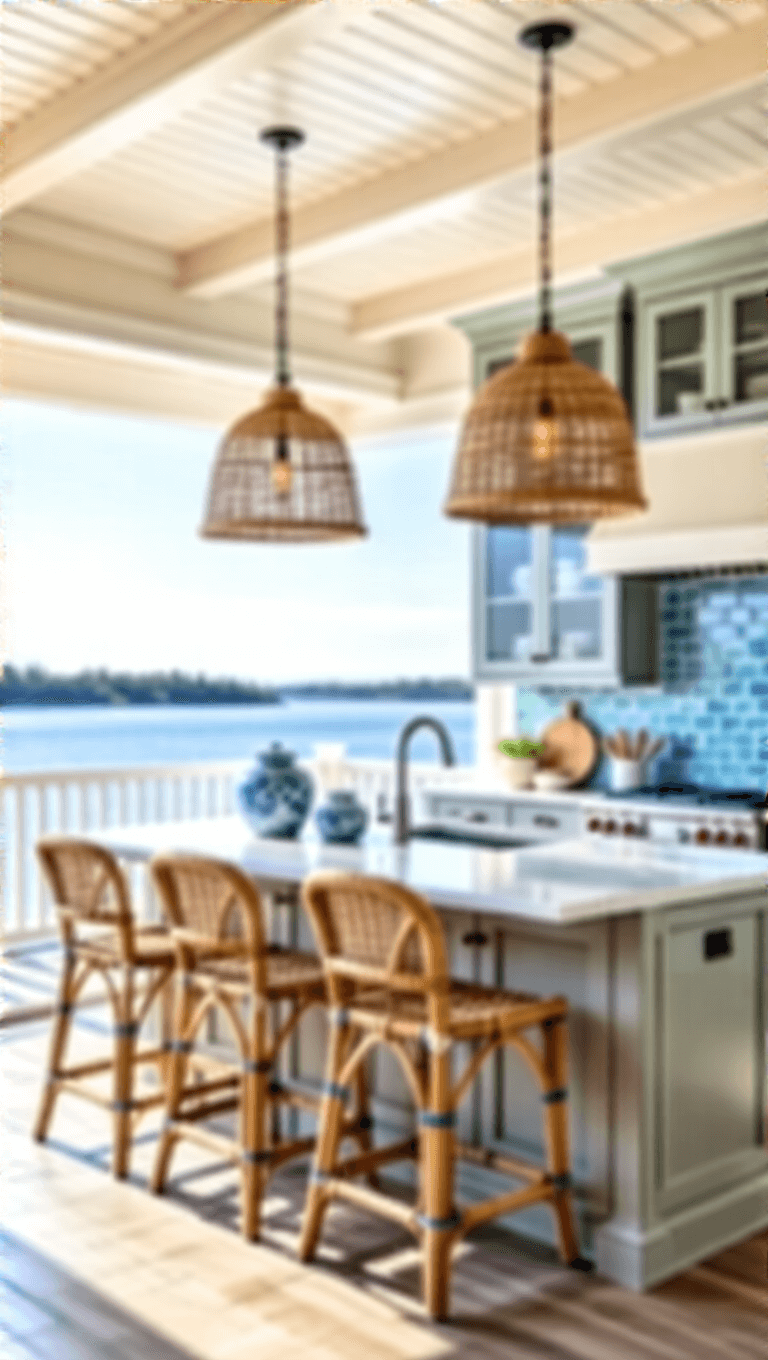 Bright and serene coastal kitchen with light greige cabinets, white quartz counters, pale blue backsplash, rattan pendant lights, woven barstools, and decorative blue and white ceramics. Wide-angle view showcasing the water scenery.
