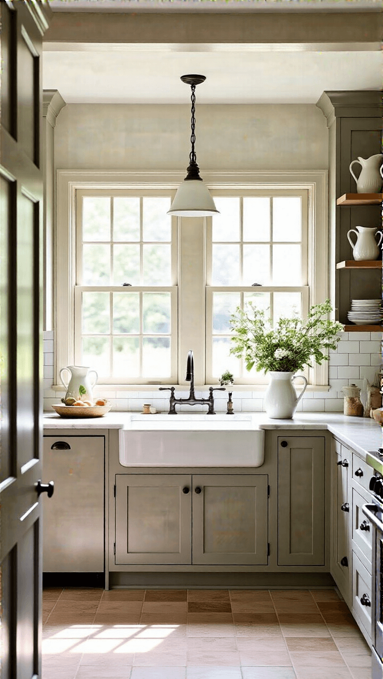 Romantic and lived-in 12x14ft cottage kitchen with Dutch door, warm greige 'Analytical Gray' cabinets, marble-look quartz counters, white subway tiles, and vintage pitchers on open shelves illuminated by soft morning light.