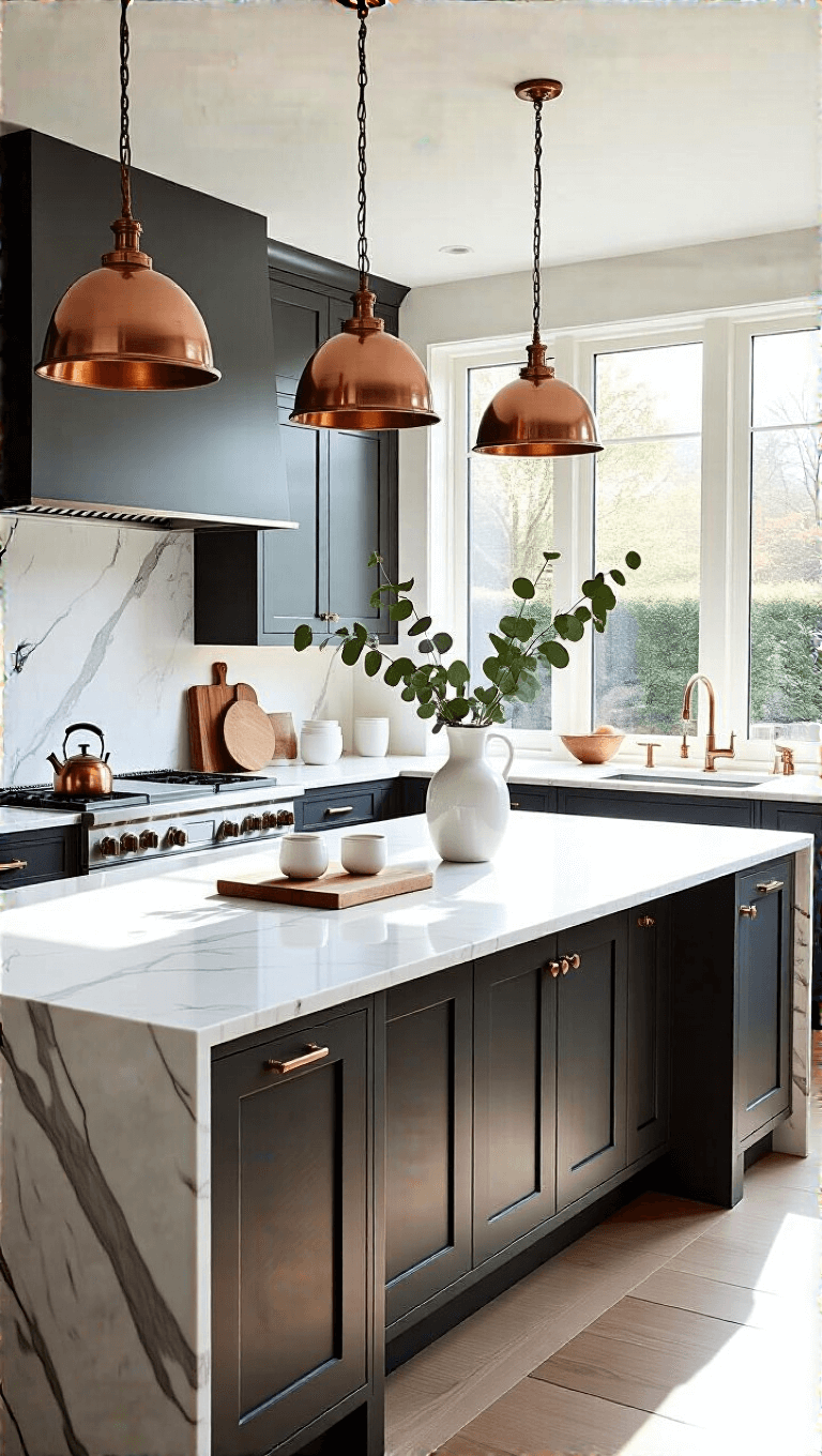 Contemporary spacious kitchen with morning light streaming through floor-to-ceiling windows, grey Shaker-style cabinets, white Carrara marble island, and warm brass pendant lights, accented with copper kettle, white ceramic vase with eucalyptus, and artisanal wood cutting boards.