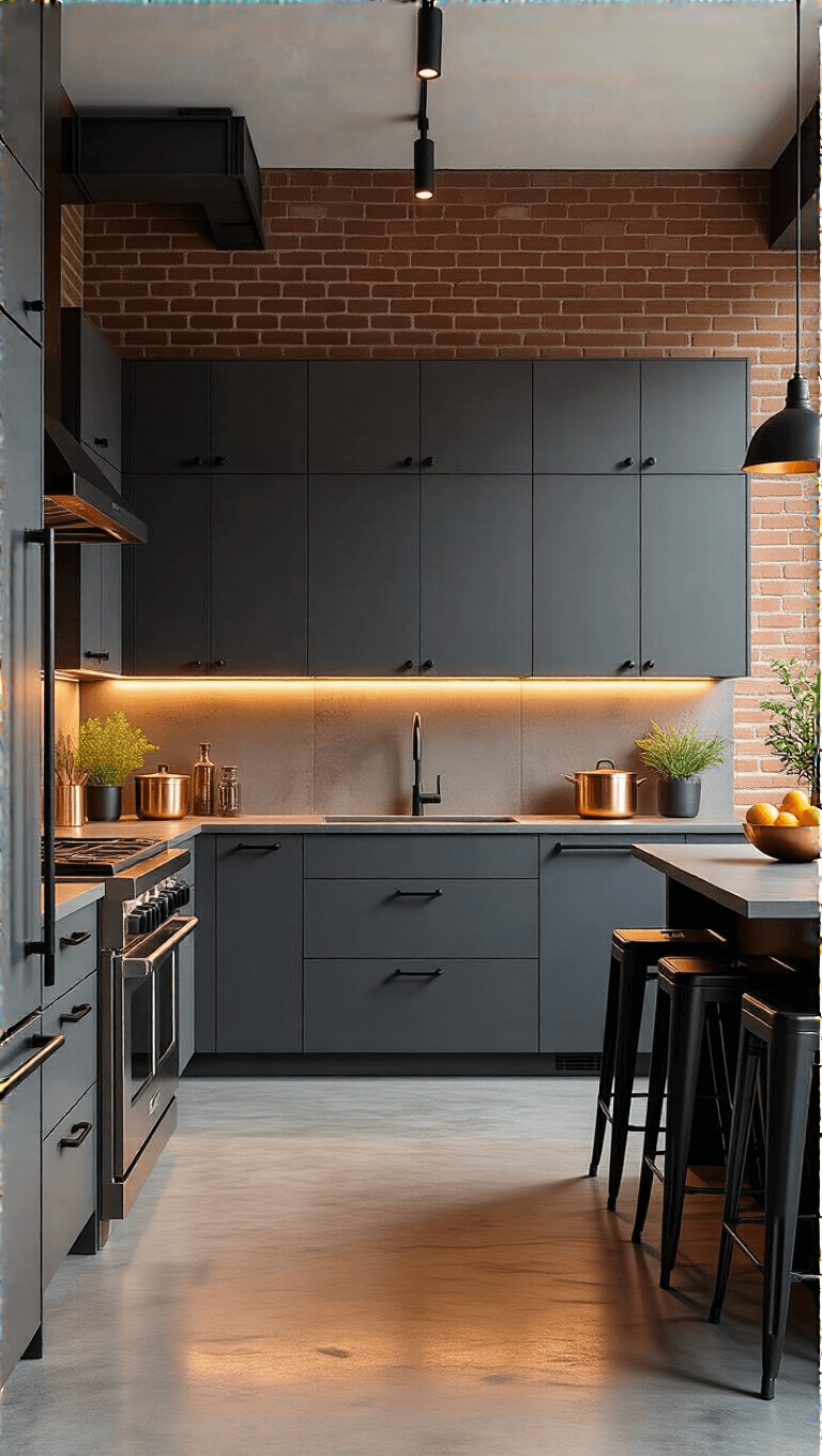 Industrial-style kitchen with graphite cabinets, concrete floors, exposed brick walls, under-cabinet LED lighting, minimalist bar stools, and copper cookware in warm golden hour light