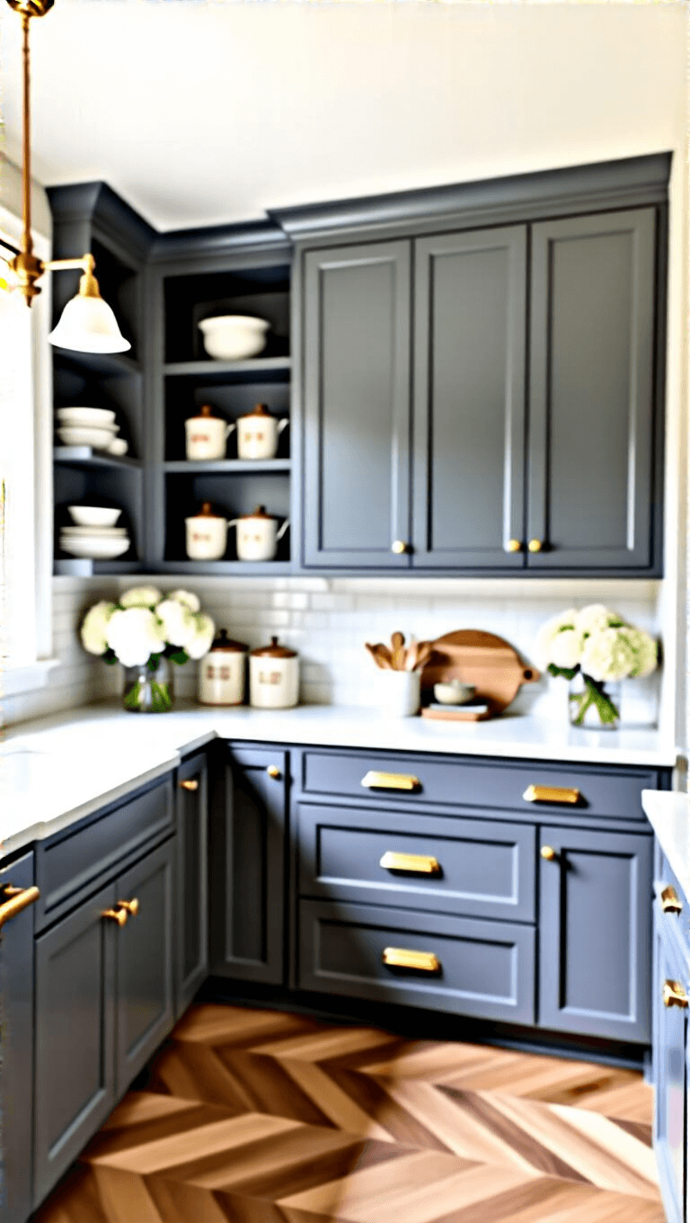 Transitional kitchen with slate grey cabinets, white quartz countertops, antique brass handles, and herringbone wood floors in soft afternoon light