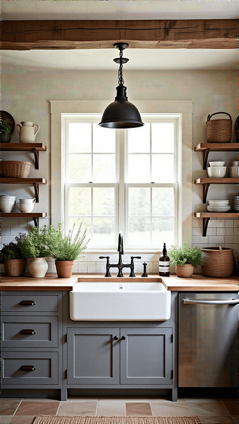 Cozy modern farmhouse kitchen at dusk with grey cabinets, reclaimed wood beams, large window over sink, dramatic pendant lights, marble-topped island, and vintage decor on open shelves.