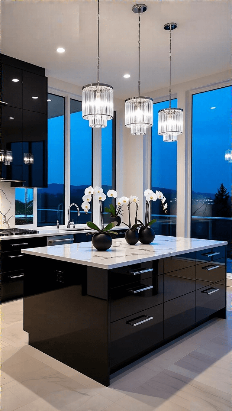 Luxe contemporary kitchen with charcoal cabinets, quartzite countertops, mirrored backsplash, crystal pendant lights, and floor-to-ceiling windows during blue hour.