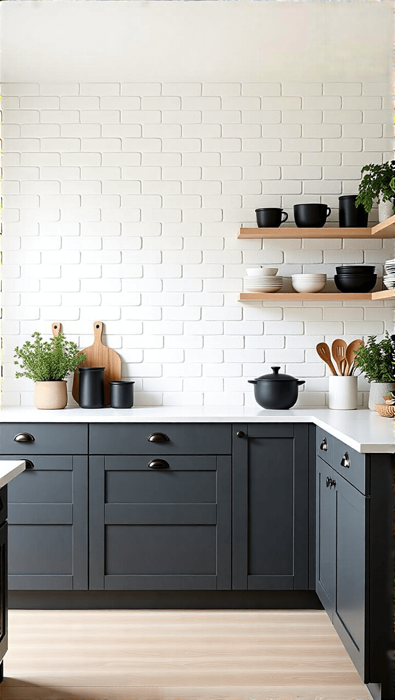 Scandinavian-themed kitchen with graphite cabinets, white solid surface countertops, white-washed brick walls, and pale oak flooring, decorated with black ceramic vessels, wooden utensils, and green plants in morning light.