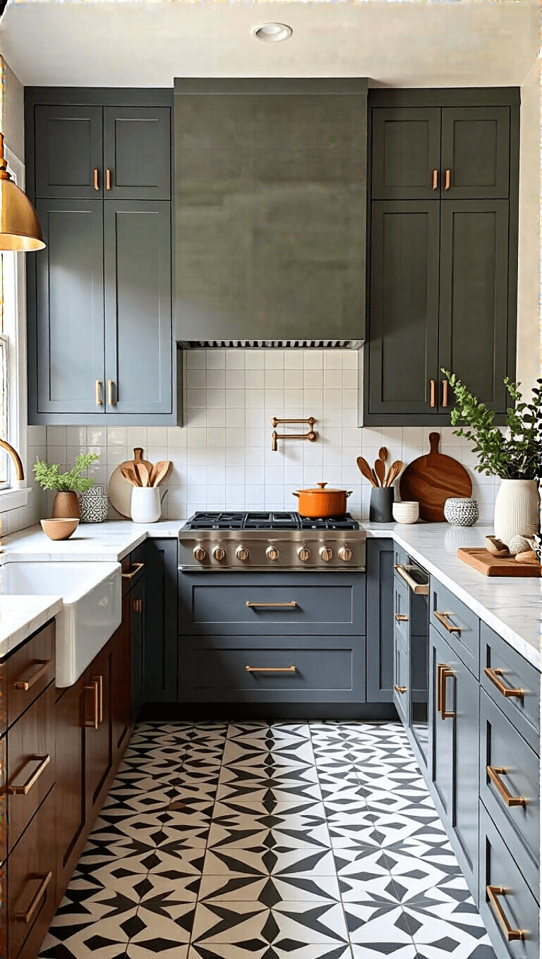 Mid-century modern kitchen with slate grey cabinets, walnut accents, geometric tile flooring, terrazzo countertops, brass hardware, featuring vintage barware and art pieces.