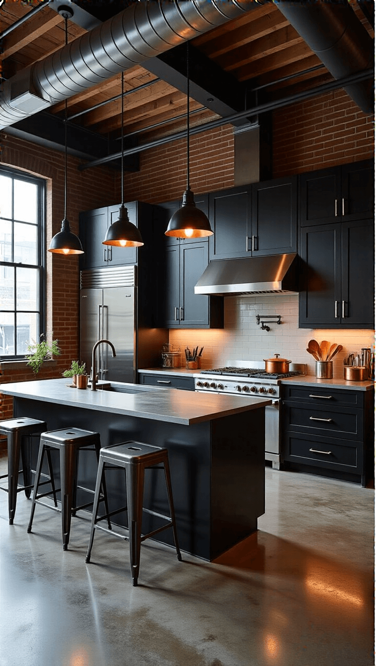Evening view of urban industrial kitchen with charcoal cabinets, stainless steel countertops, blackened steel hardware, exposed ductwork, polished concrete floors, metal bar stools, pendant lights, and copper cookware