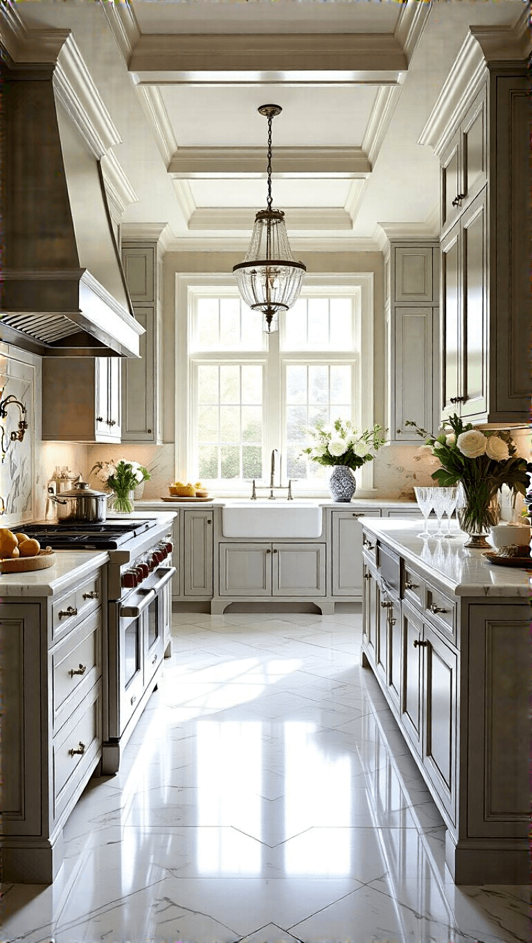 Traditional kitchen with warm grey cabinets, coffered ceilings, marble tile floors, and Calacatta gold countertops in afternoon light, decorated with silver serving pieces, crystal decanters, and fresh flowers in porcelain vases.