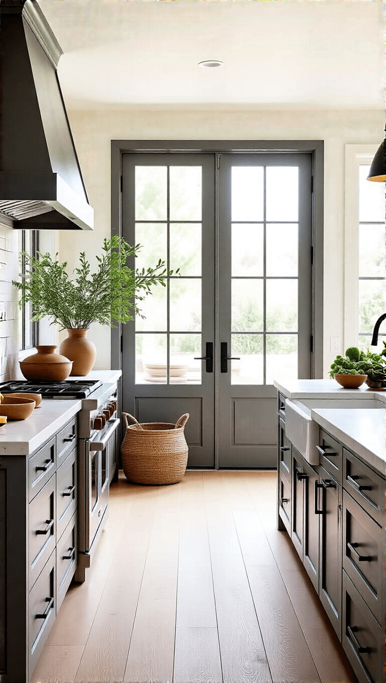 Bright and airy California casual kitchen with graphite cabinets, limestone countertops, white oak floors, large sliding doors, and styled with woven baskets and greenery