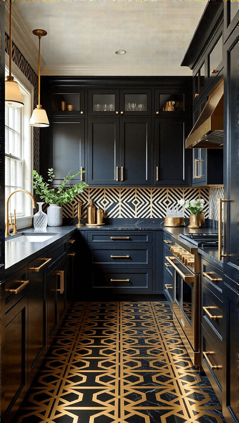 Art deco kitchen with slate cabinets, black marble countertops, brass inlay flooring, and geometric wallpaper at sunset
