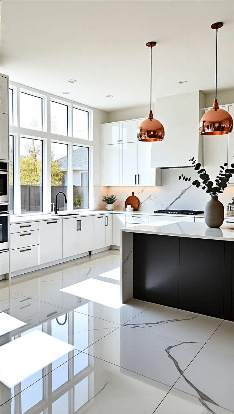 Sunlit modern kitchen with high-gloss white cabinets, large marble-look tiles, L-shaped layout with dark charcoal quartz island, integrated appliances, minimalistic copper pendant lights, and a vase with eucalyptus on the countertop.
