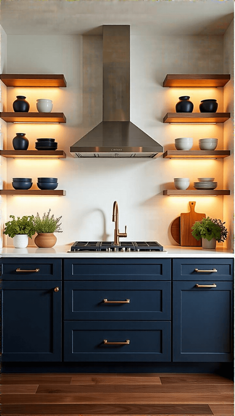 Warmly-lit kitchen with navy blue cabinets, white oak shelves with ceramics, brass hardware, stainless range hood, geometric backsplash, walnut floors, and styled with cutting boards and fresh herbs