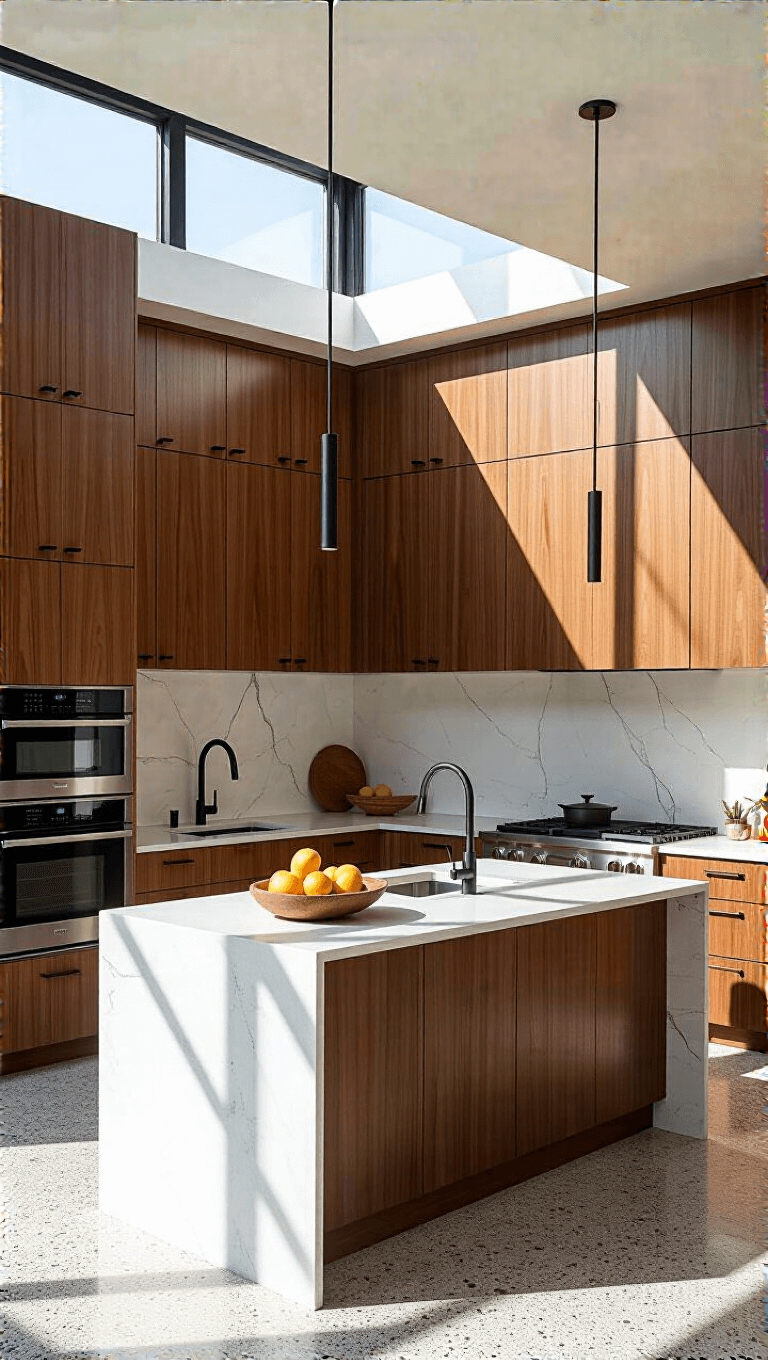 Bright mid-century modern kitchen with floor-to-ceiling walnut cabinets, double-height space with clerestory windows, white quartz waterfall island, terrazzo flooring, minimal decor, and afternoon light casting geometric shadows.