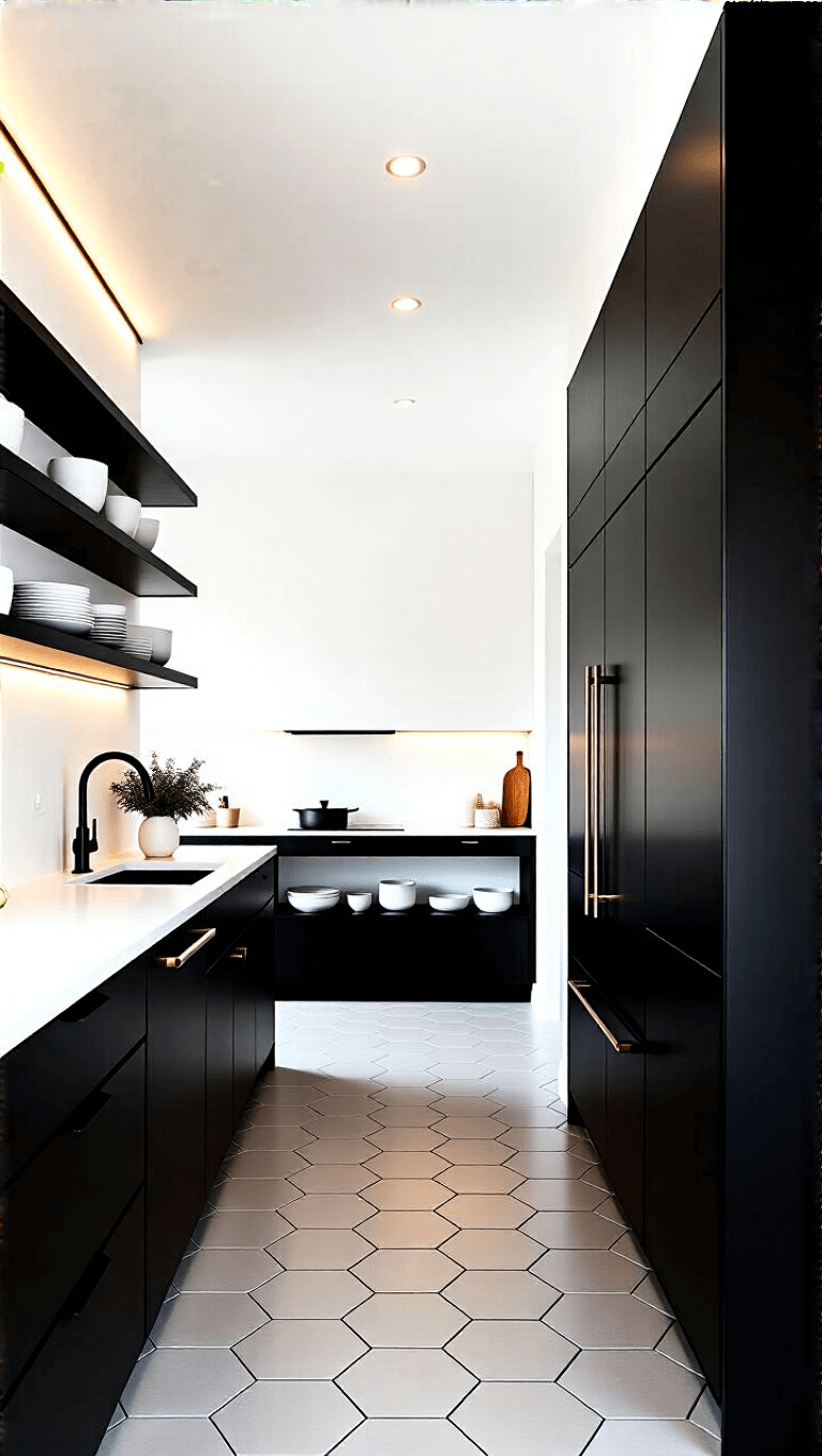 Long galley kitchen featuring 12-foot matte black cabinets contrasting against white walls, blackened steel open shelving, overhead linear LED lights, oversized hexagonal floor tiles in grey, and styled with black and brass accessories