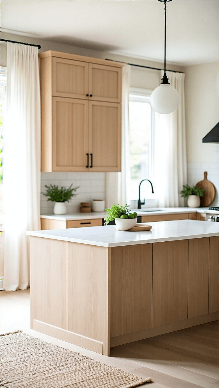 Scandinavian-style kitchen with blonde wood cabinets, white stone countertops, central island with clean lines, matte black accessories and green plants, bathed in soft morning light
