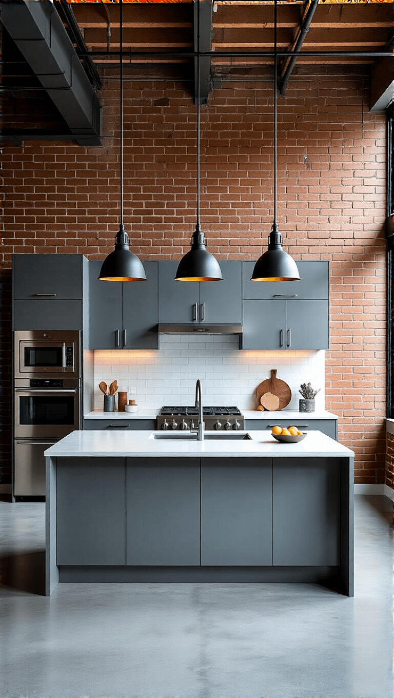 Top view of an urban loft kitchen with industrial elements, featuring grey lacquer cabinets, polished concrete floors, black metal pendant lights, stainless steel appliances and countertops, and exposed brick wall.