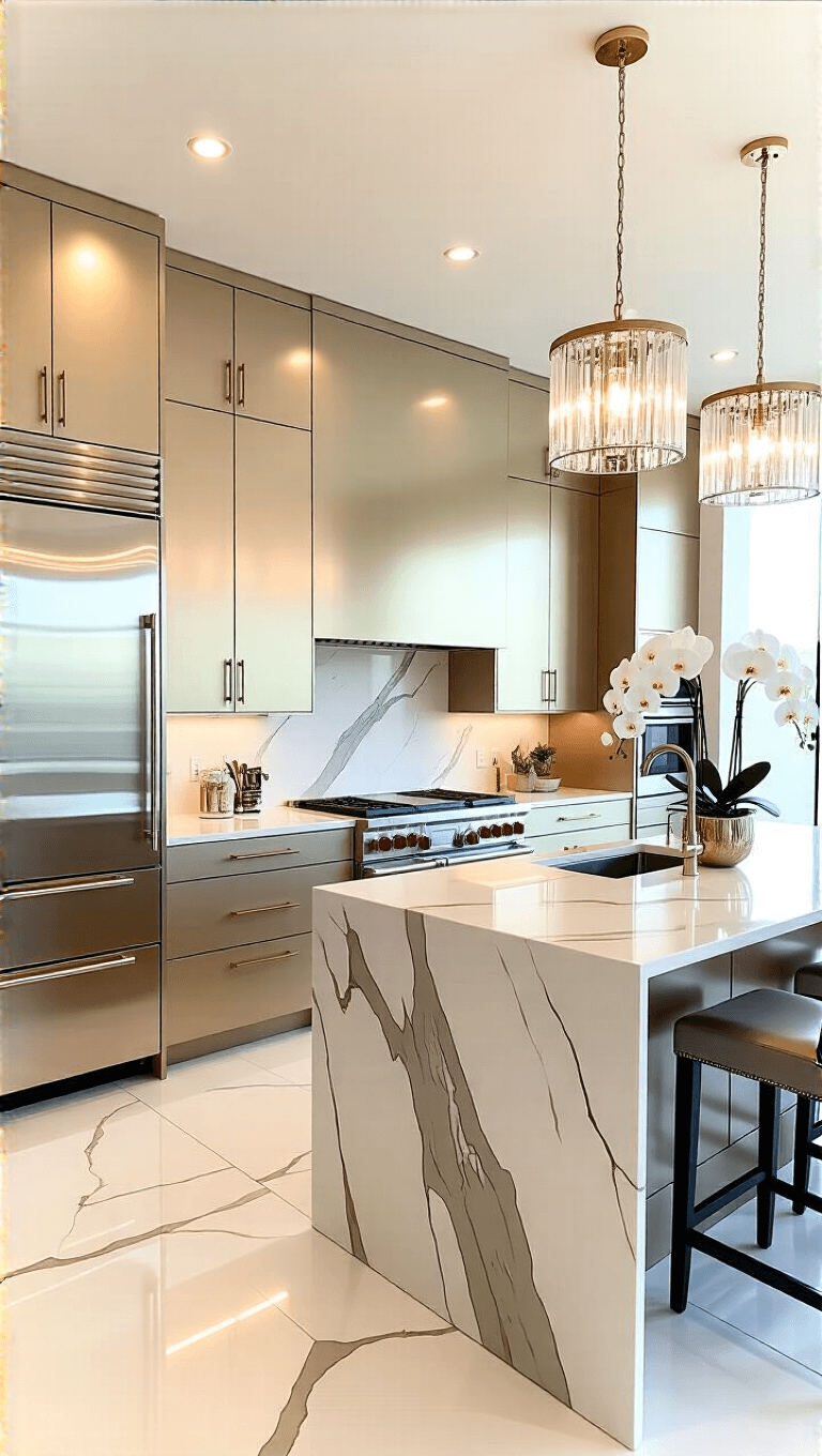 Luxurious modern kitchen with champagne-colored glossy cabinets, marble tiled backsplash, large central island, pendant crystal lights, and embellished with metallic accessories and white orchids