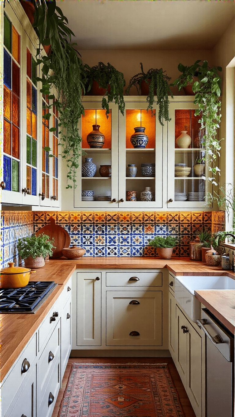 Bohemian Eclectic 12x14ft kitchen with colored glass cabinets showcasing pottery, Morroccan tile backsplash, wooden counters and upper cabinet plants, depicted during golden hour with warm accent lights.