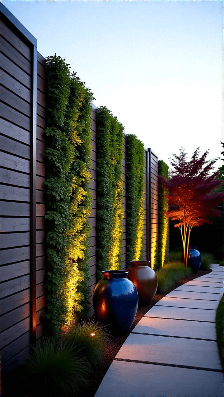 Alternating weathered wood panels and green wall sections on a 50' statement fence under dusk lighting, curved pathway lined with oversized ceramic planters and Japanese maple trees, shot from a slight elevation.