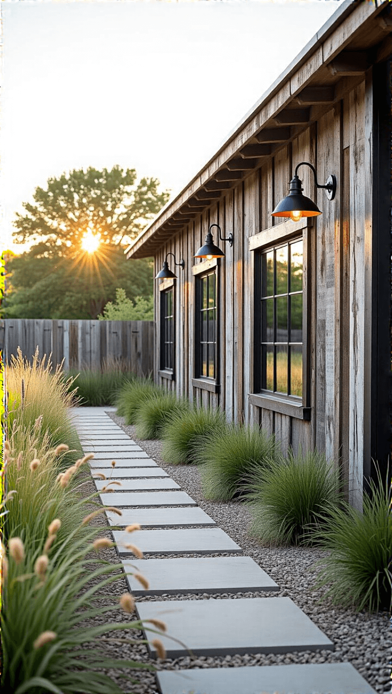 Rustic-modern 45' reclaimed wood fence with black metal frame windows, vintage lighting fixtures and native flora at the base, under the afternoon sun with a gravel path alongside, captured from a low camera angle.