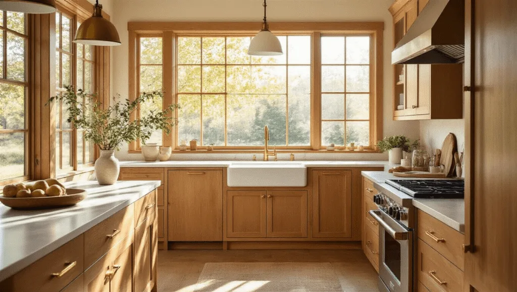 "Modern farmhouse kitchen with honey-stained alder wood cabinets, quartz countertops, and warm sunlight"