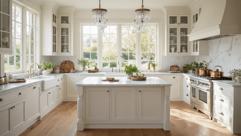 "Antique white Shaker kitchen cabinets with marble island, farmhouse sink, oak flooring, crystal pendant lights, copper cookware, and garden view windows."