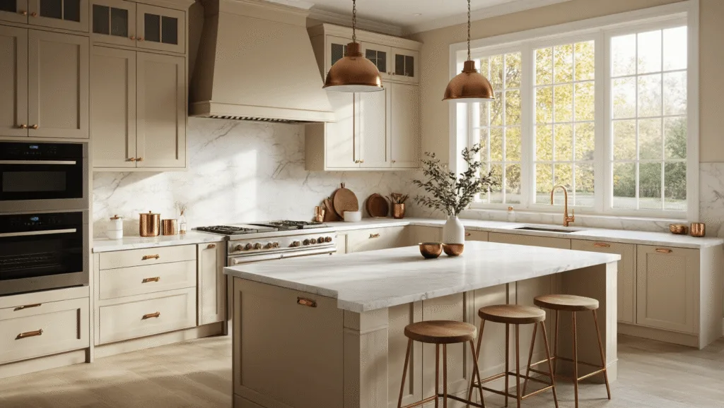 "Luxurious beige Shaker-style kitchen with white marble countertops, brass hardware, and natural morning light illumination"