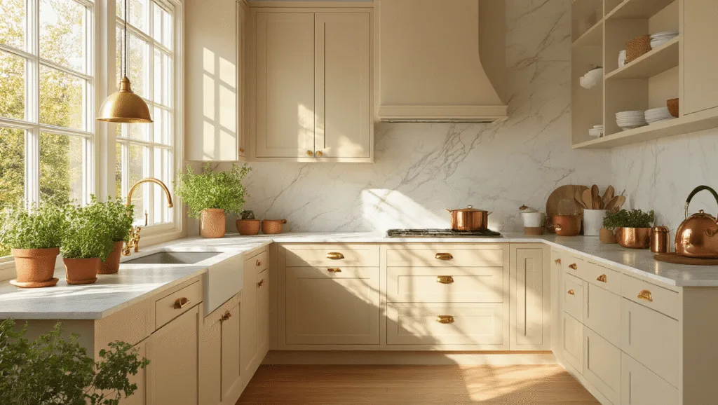 "Contemporary kitchen with beige cabinets, marble countertops, natural wood flooring, and fresh herbs in morning sunlight"