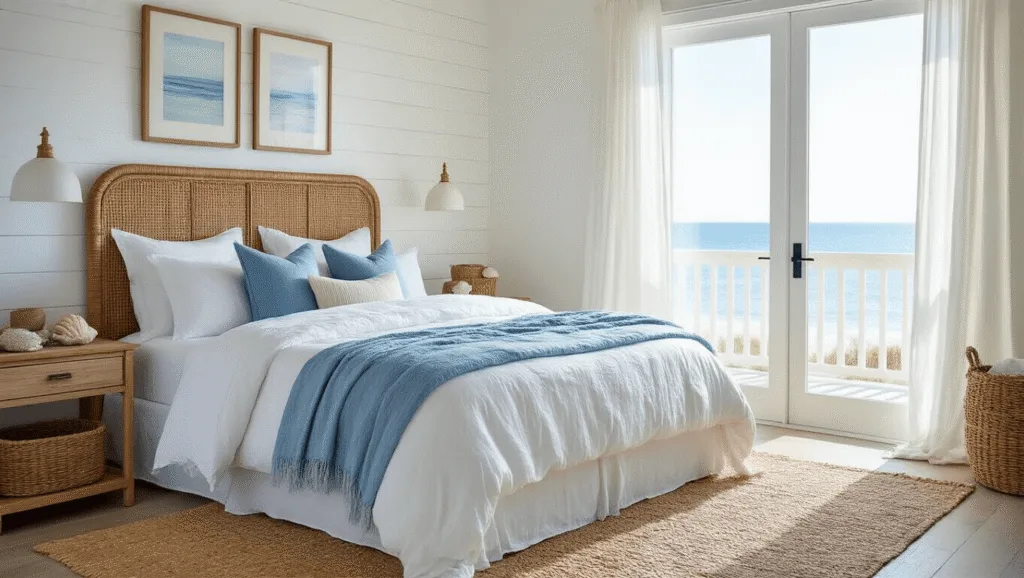 "Serene coastal bedroom with whitewashed walls, rattan headboard, blue and white linens, shell accents, and a beautiful ocean view"