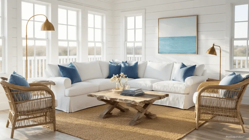 "Sunlit coastal living room with white sectional, driftwood coffee table, and sea-inspired artwork"