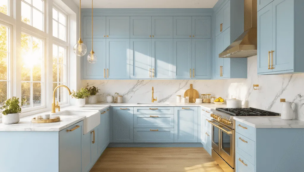 "Sunlit contemporary kitchen with sky blue cabinets, white marble countertops and polished brass hardware during golden hour"