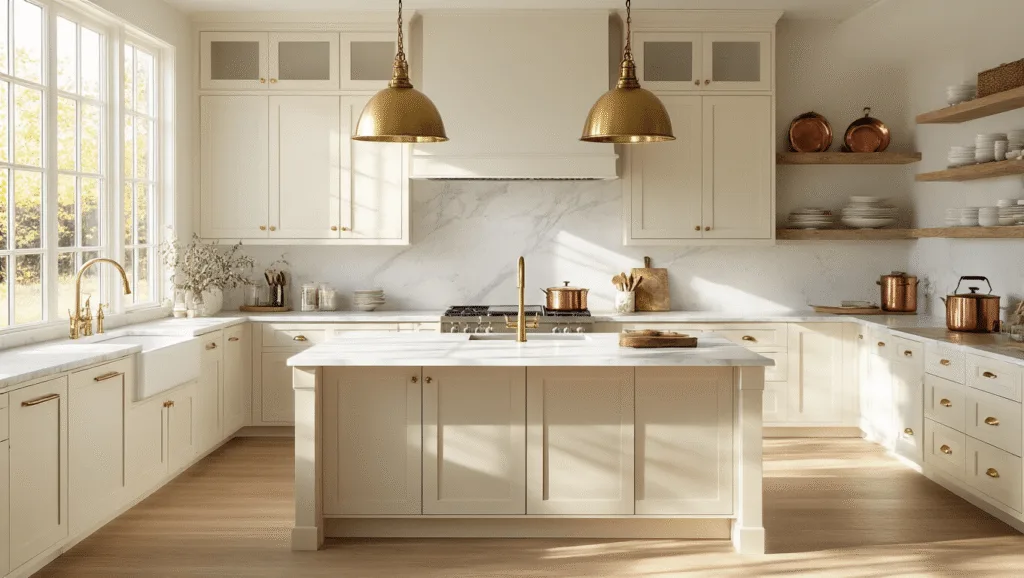 "Sunlit modern farmhouse kitchen with cream Shaker cabinets, white marble countertops, brass pendant lights, white oak flooring, and copper cookware on open shelving"